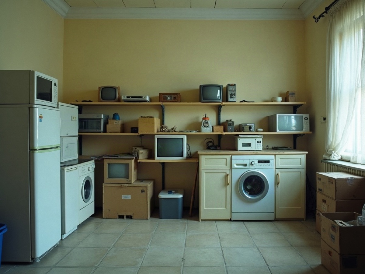 Appliance and electronics stockroom with refrigerators, washers, televisions, and radios on timber shelves