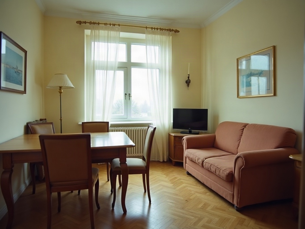 Furnished Dnipro room with oak dining set, sofa, and television on herringbone parquet