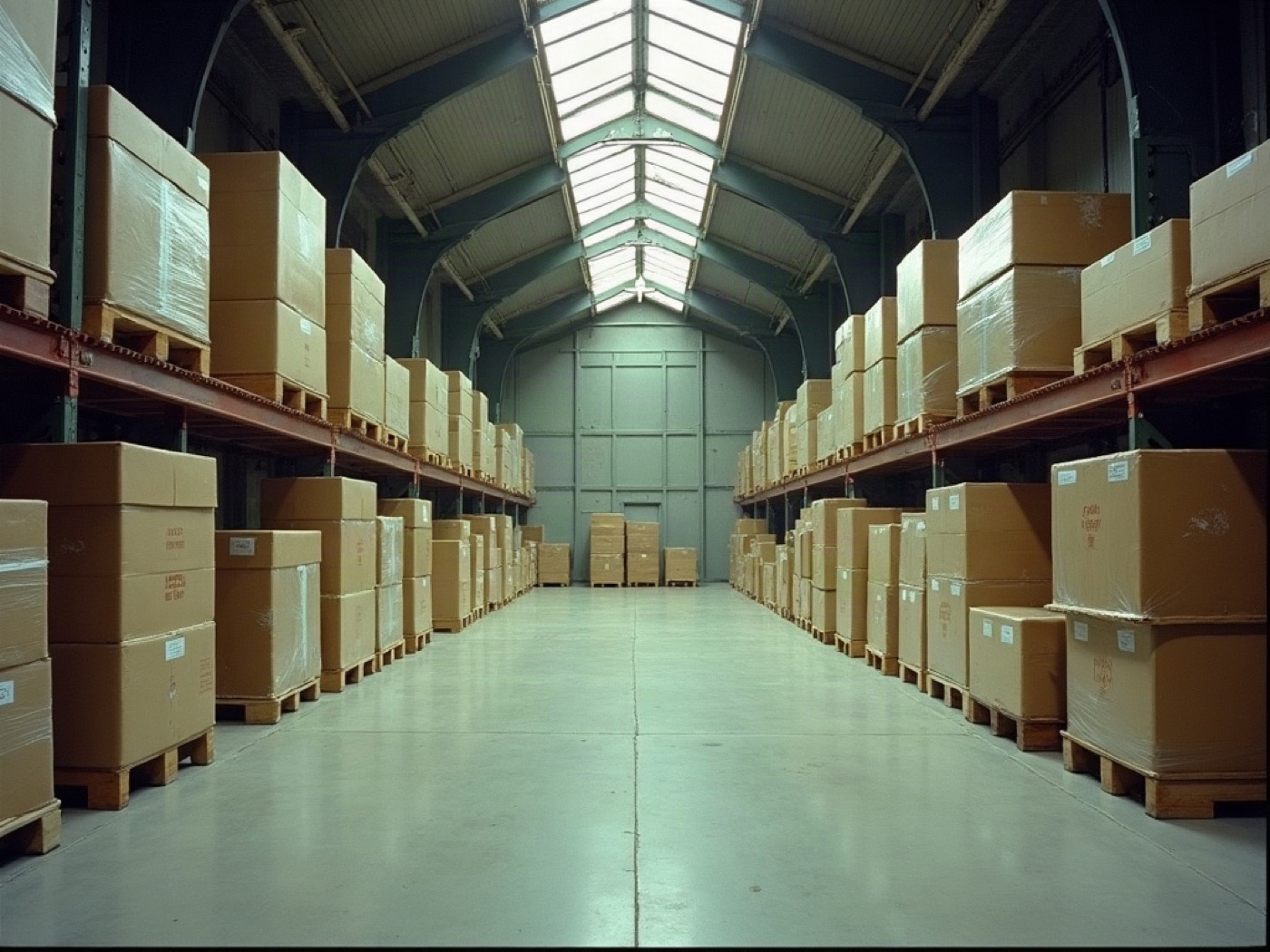 Indoor warehouse aisle in Dnipro with pallet racks, boxed lots, and clerestory light